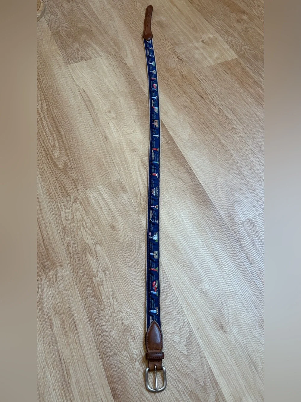 Belted Cow Lighthouse Belt Tan Navy Blue Brown Leather Trim Preppy